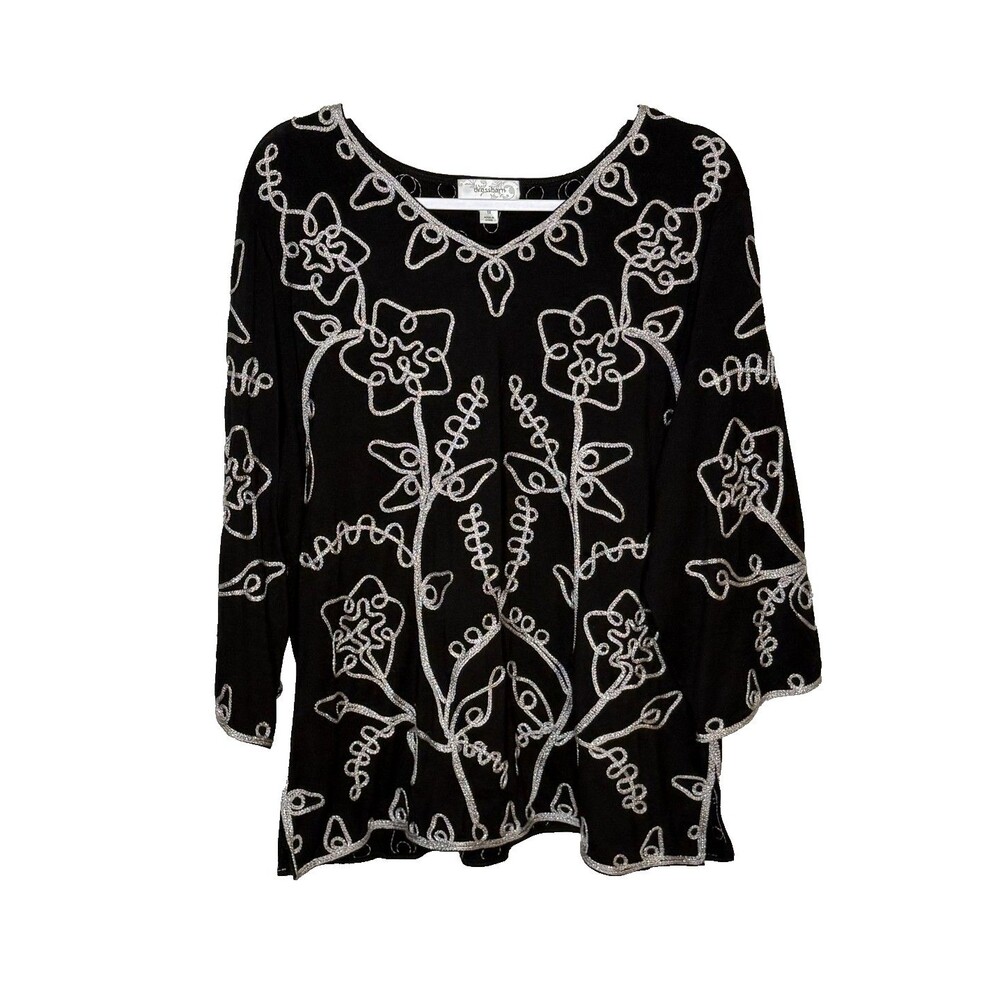 Dressbarn Women's 1X Black & White Floral V-Neck 3/4 Sleeve Blouse